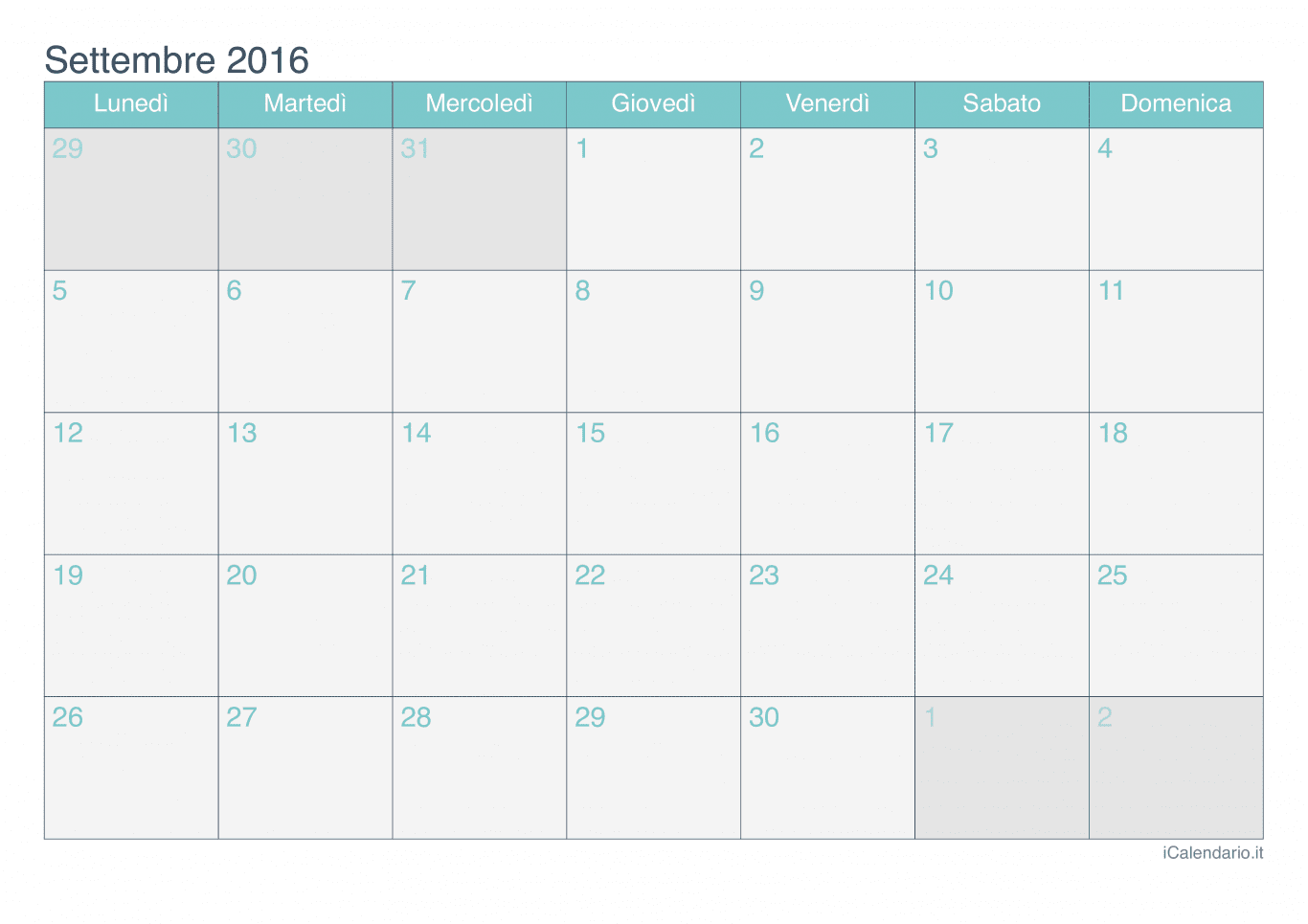 Calendario di settembre 2016 - Turchese