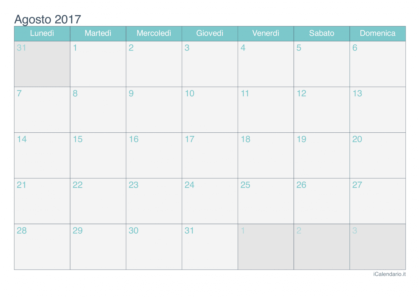Calendario di agosto 2017 - Turchese