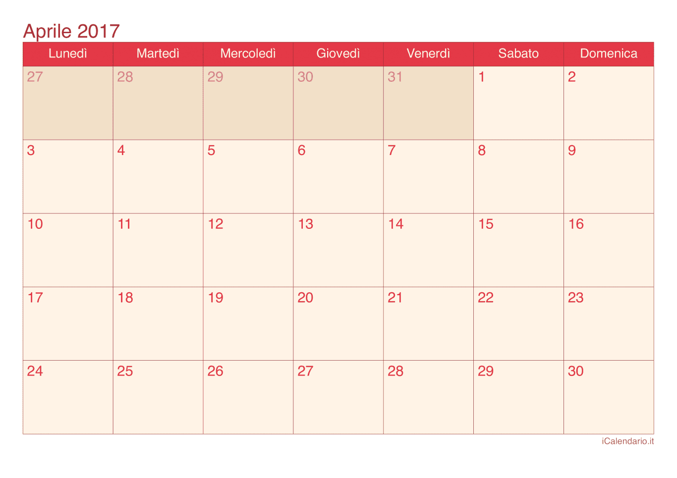 Calendario di aprile 2017 - Cherry