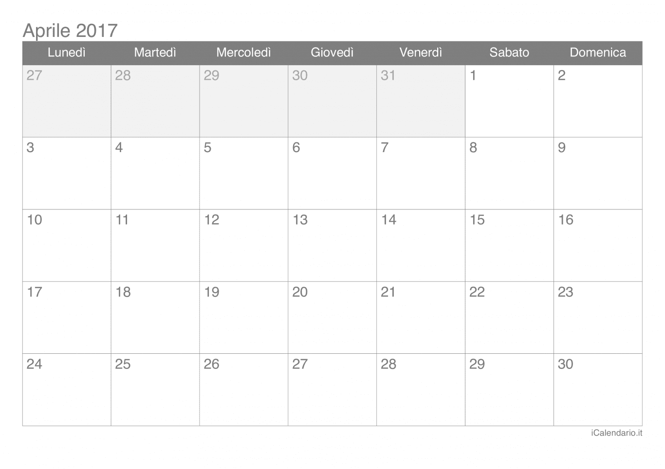 Calendario di aprile 2017