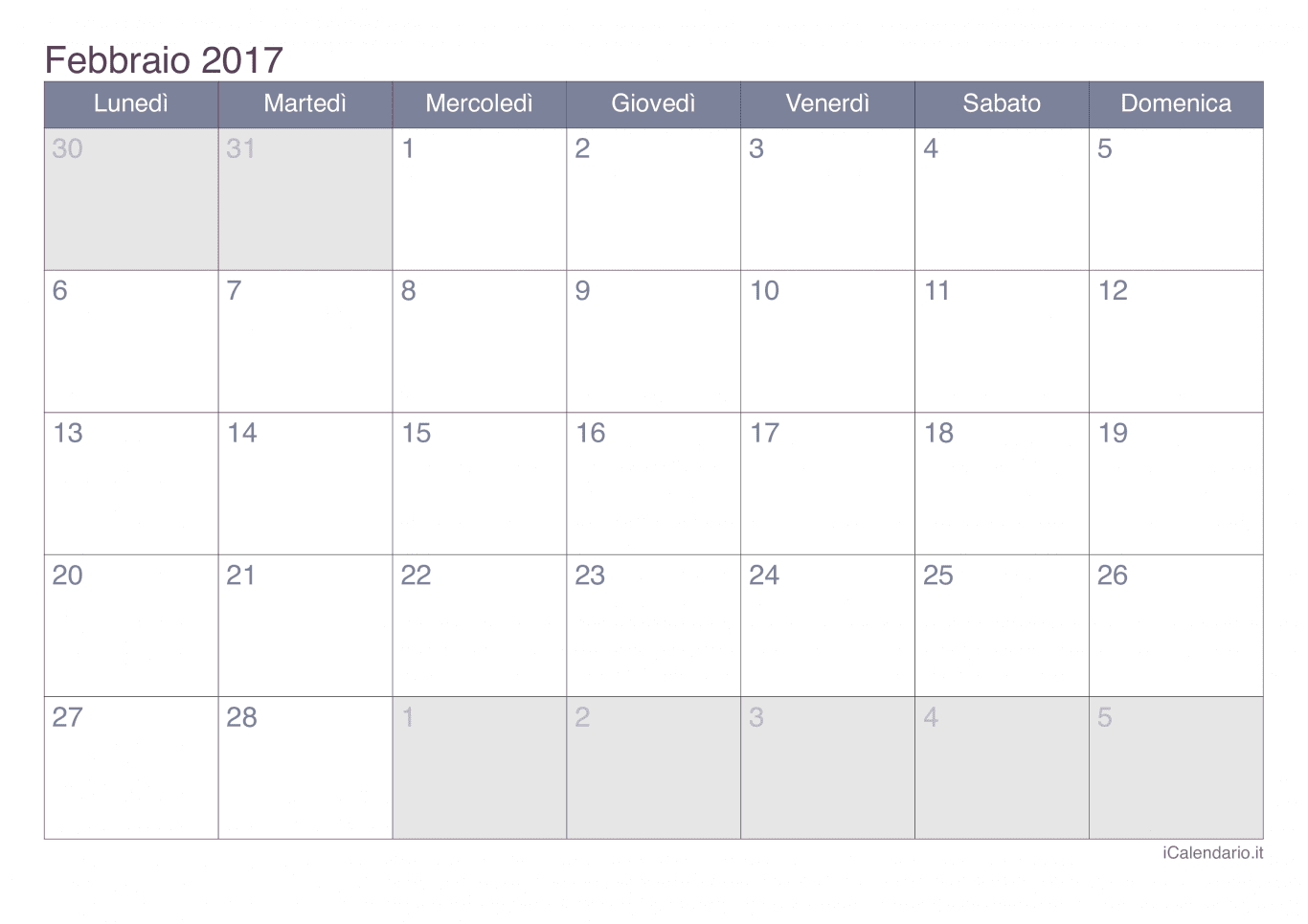Calendario di febbraio 2017 - Office