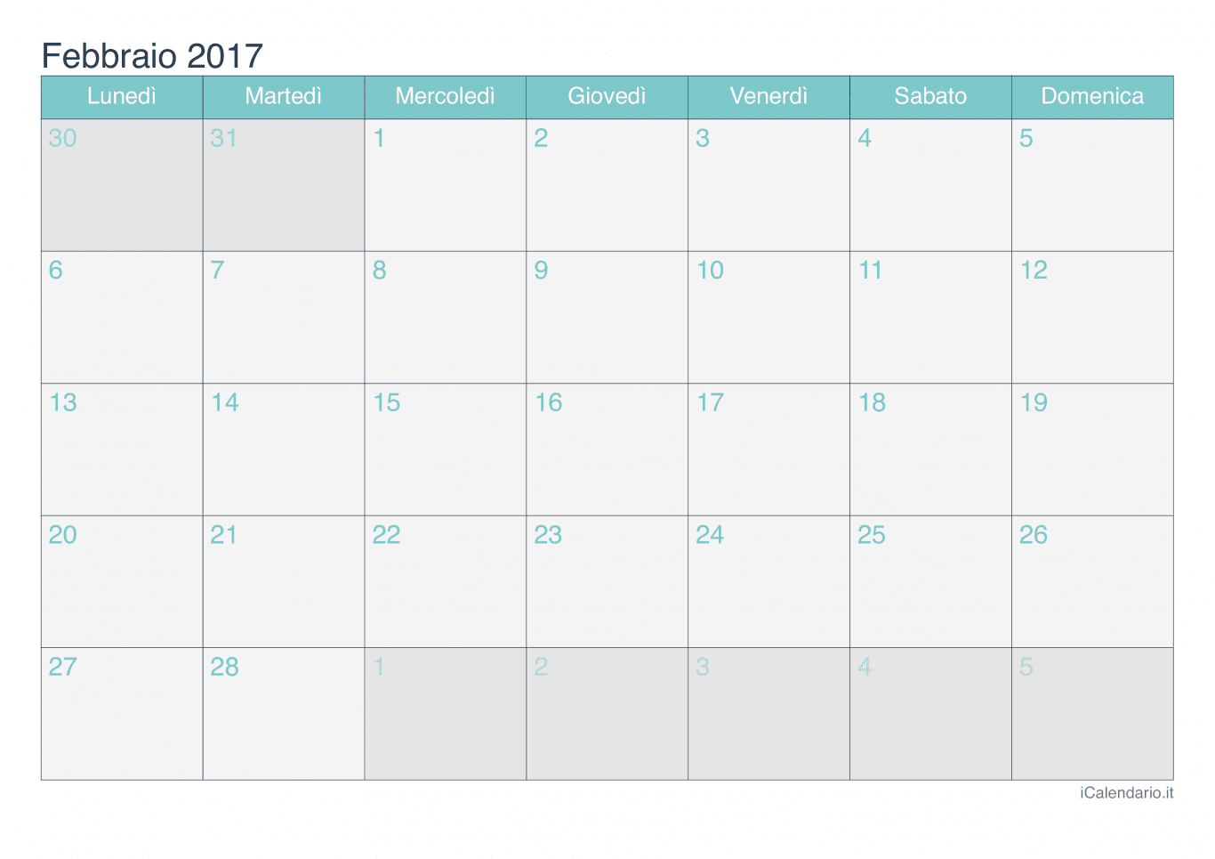Calendario di febbraio 2017 - Turchese