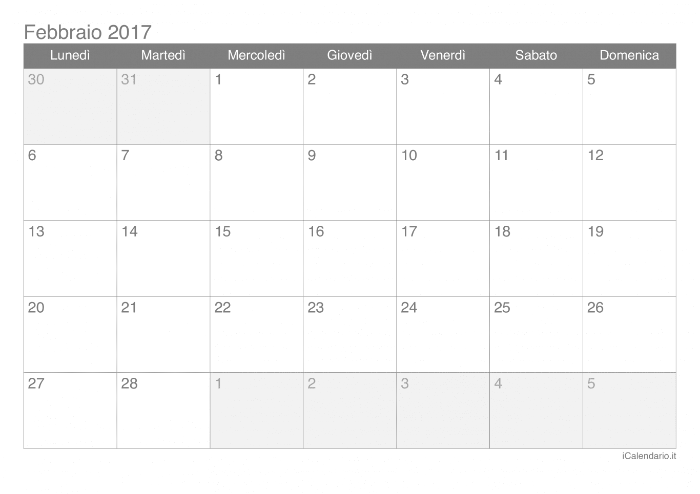Calendario di febbraio 2017