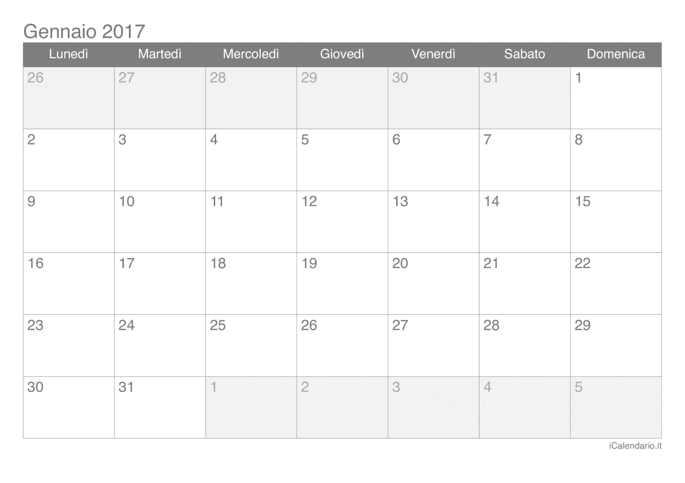 Calendario di gennaio 2017
