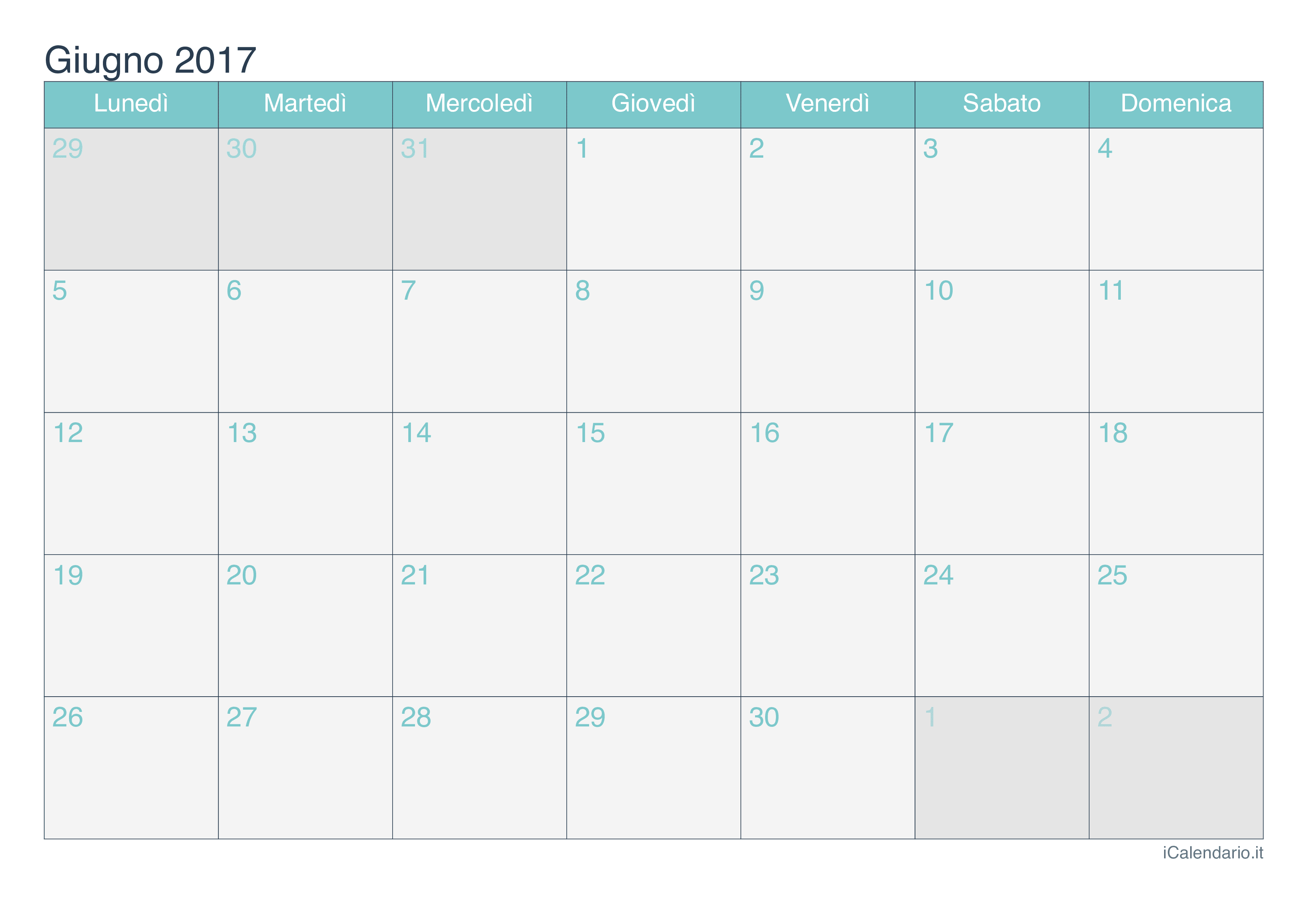 Calendario di giugno 2017 - Turchese