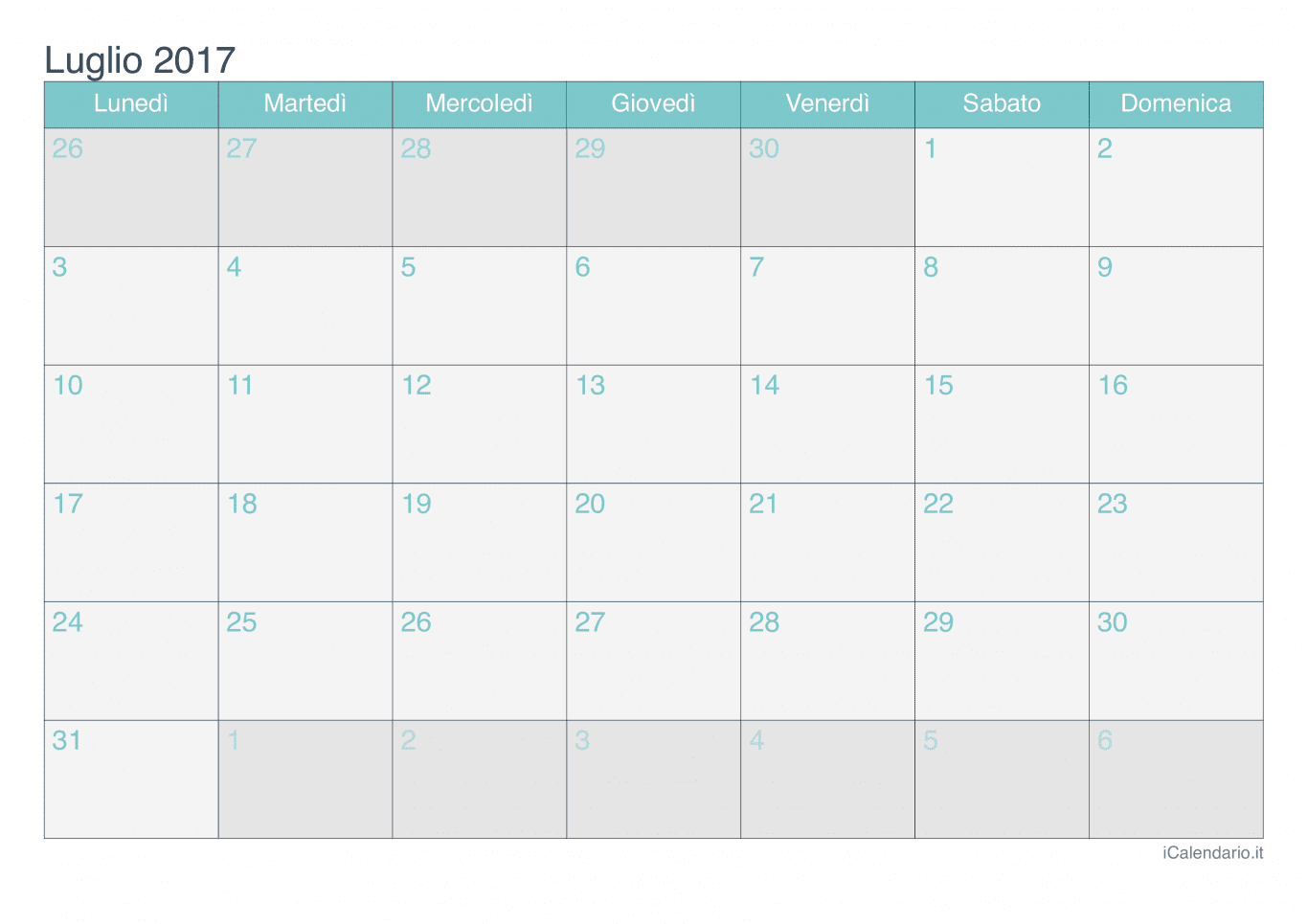 Calendario di luglio 2017 - Turchese