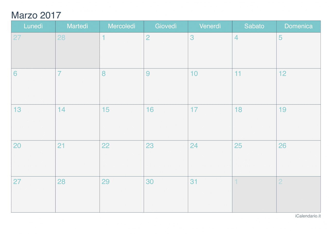 Calendario di marzo 2017 - Turchese