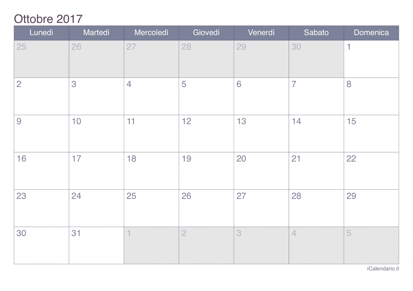 Calendario di ottobre 2017 - Office