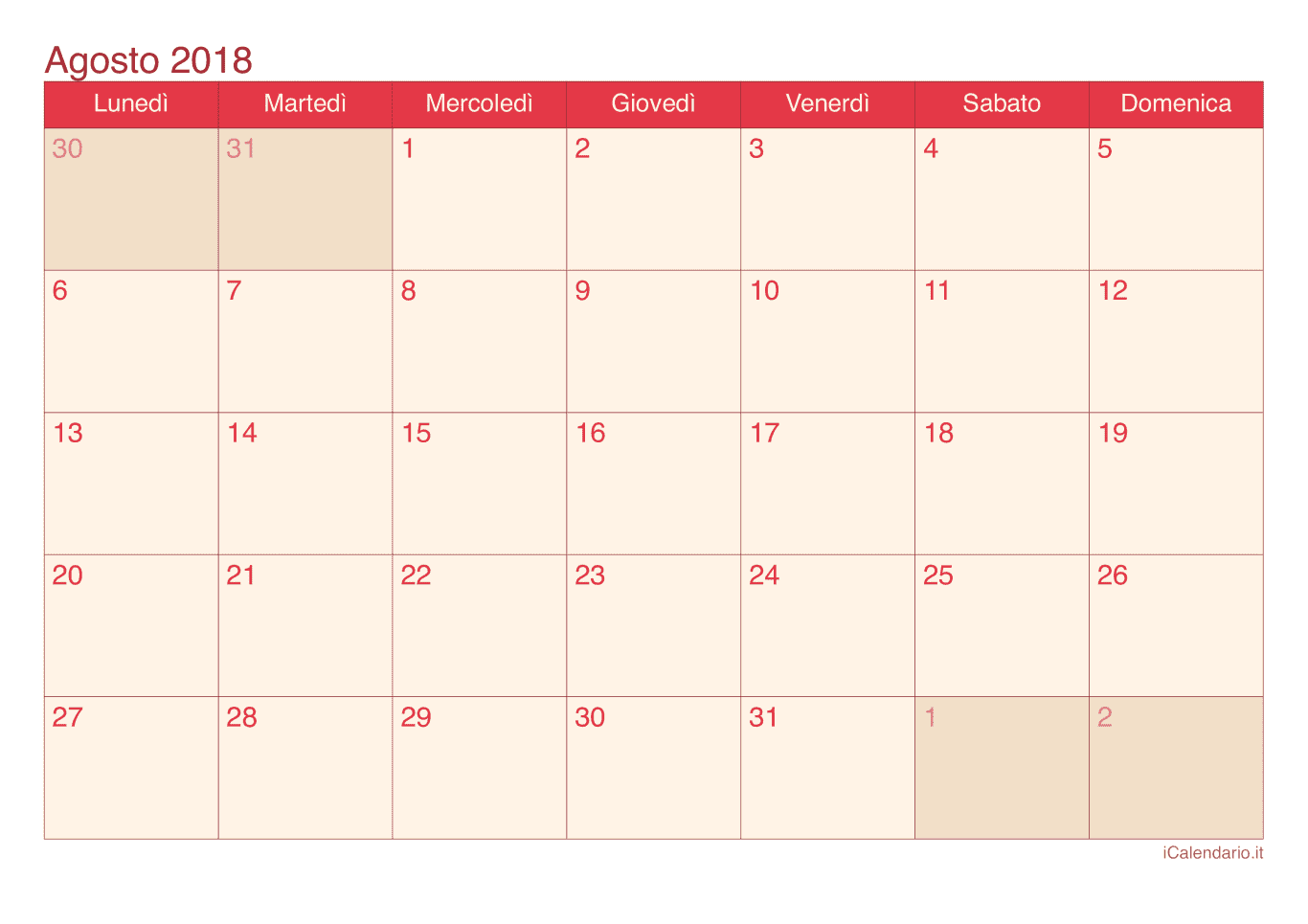 Calendario di agosto 2018 - Cherry