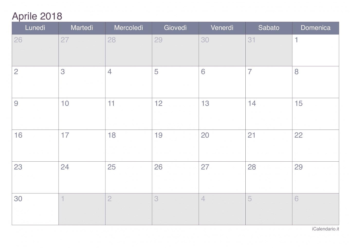 Calendario di aprile 2018 - Office