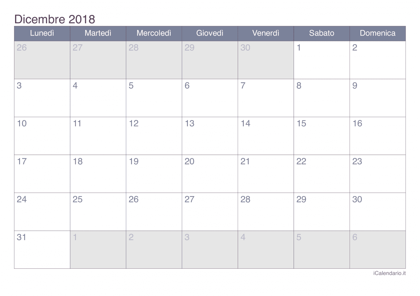 Calendario di dicembre 2018 - Office