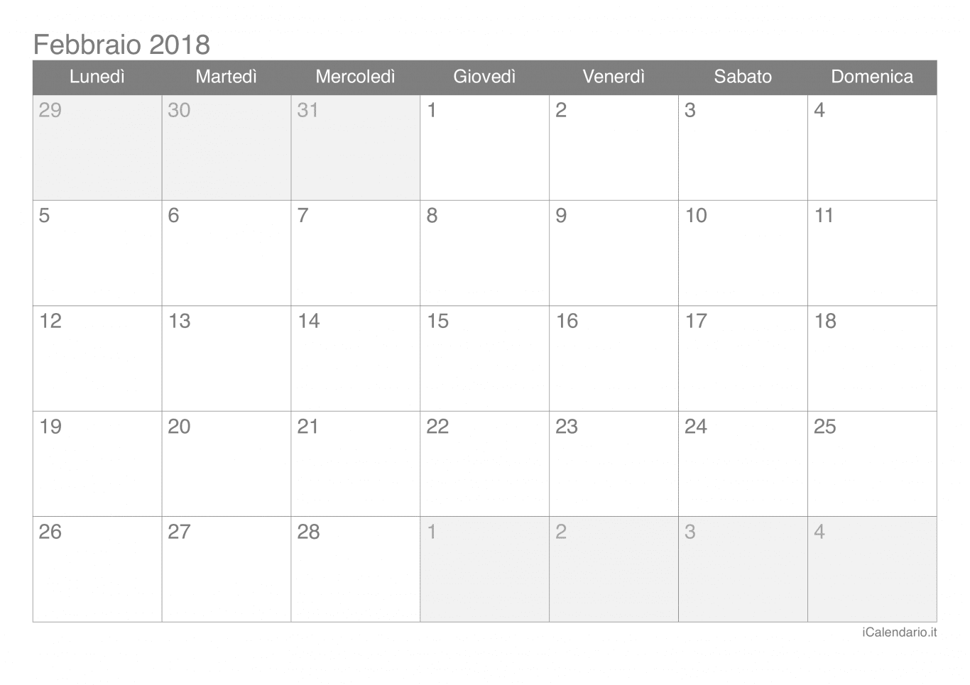 Calendario di febbraio 2018