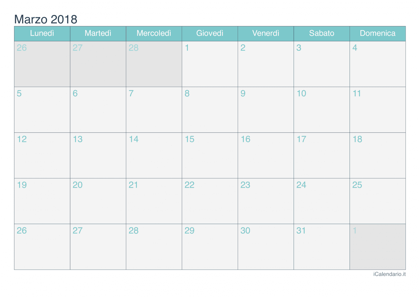Calendario di marzo 2018 - Turchese