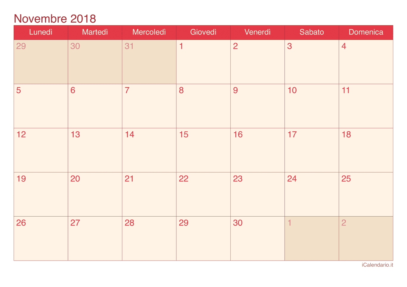 Calendario di novembre 2018 - Cherry
