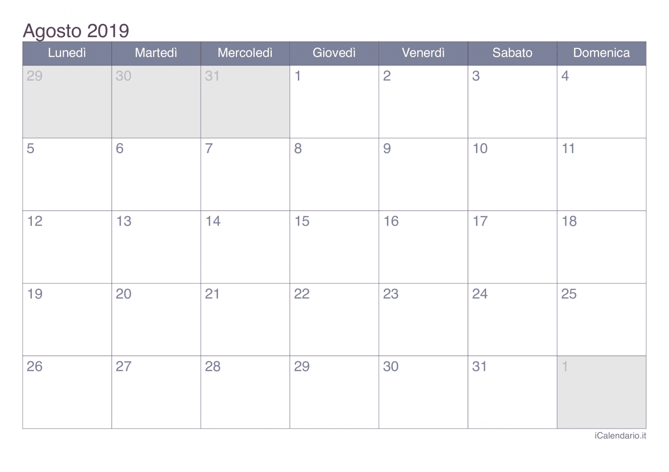 Calendario di agosto 2019 - Office