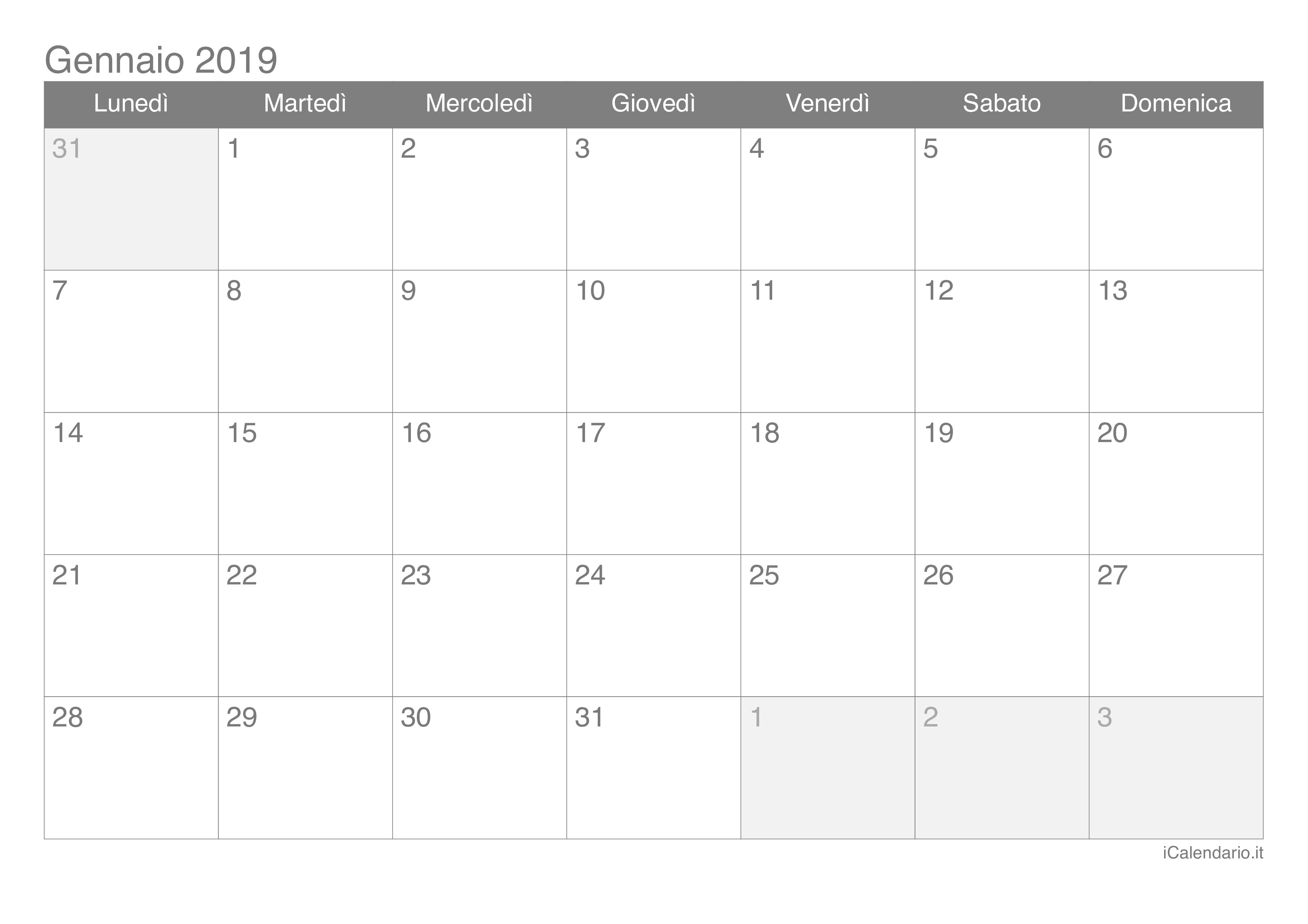 Calendario mensile 2019