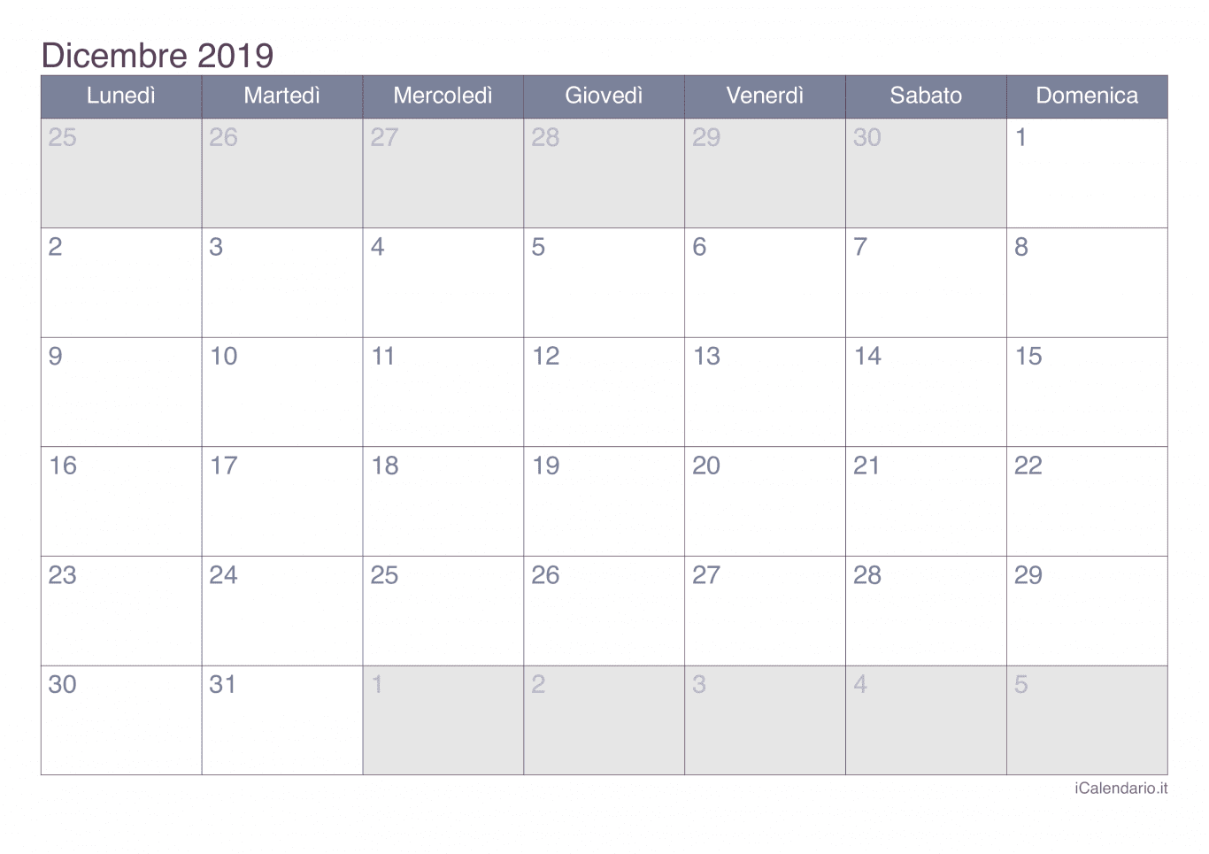 Calendario di dicembre 2019 - Office