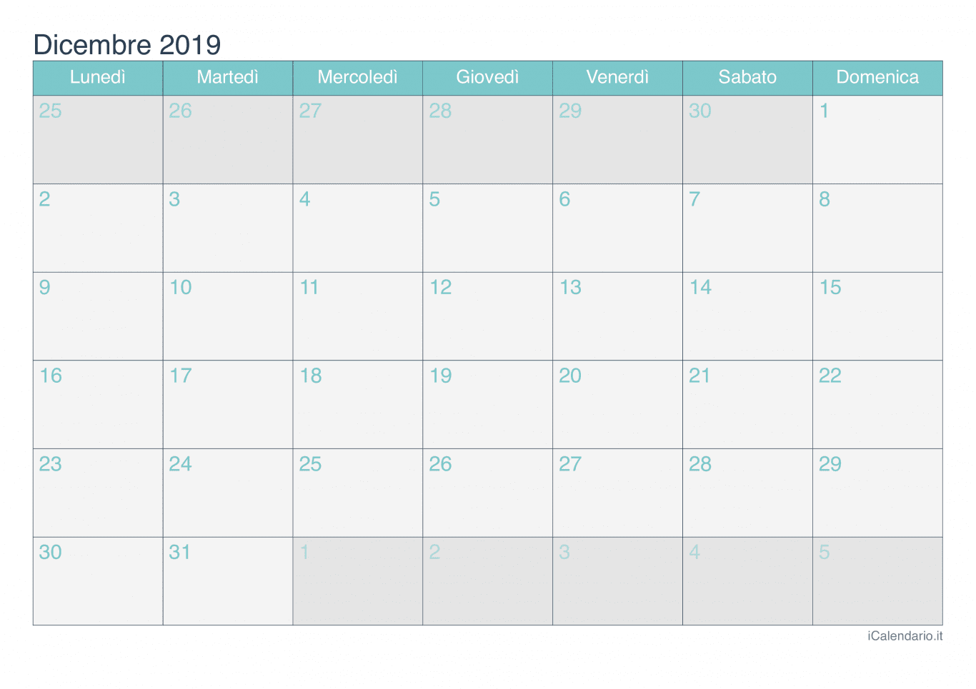 Calendario di dicembre 2019 - Turchese
