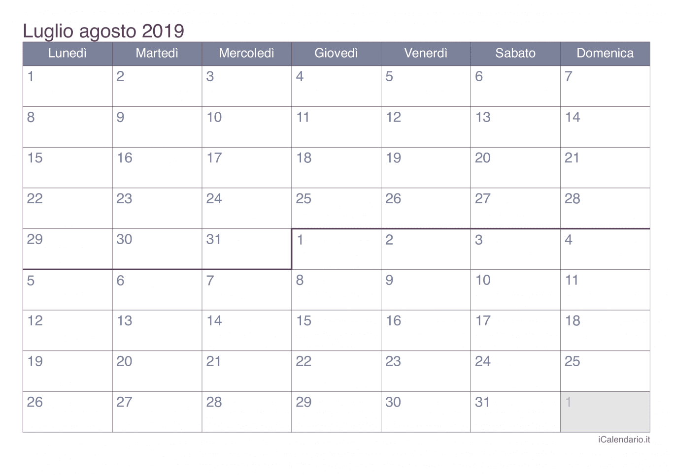Calendario di luglio agosto 2019 - Office