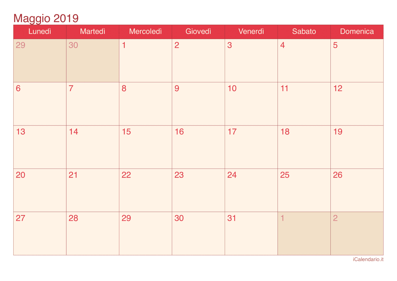 Calendario di maggio 2019 - Cherry