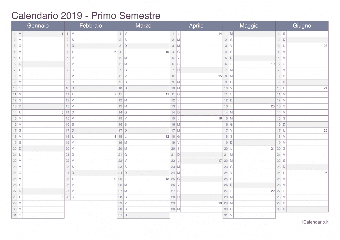 Calendario semestrale con numeri delle settimane 2019 - Office
