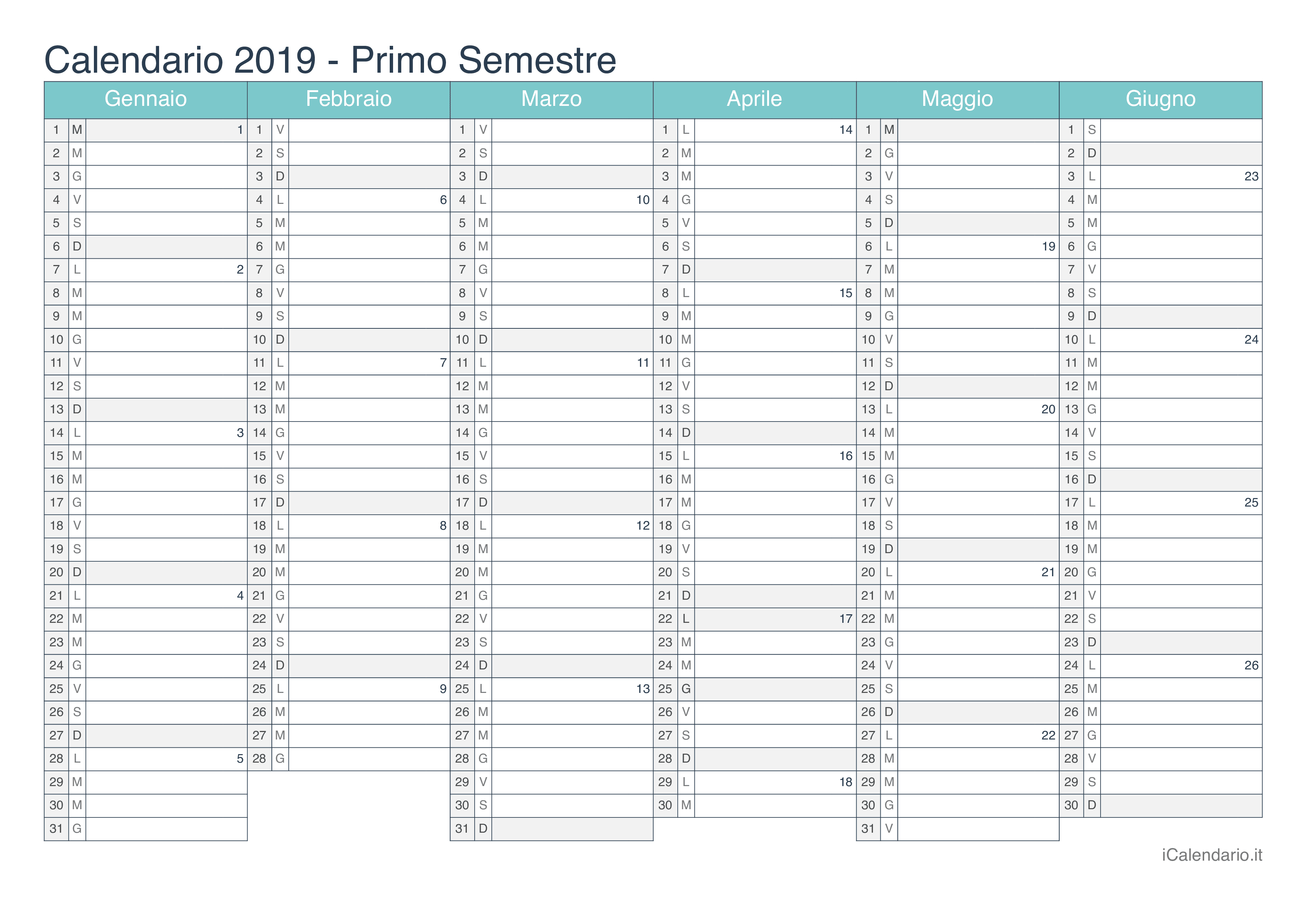 Calendario semestrale con numeri delle settimane 2019 - Turchese