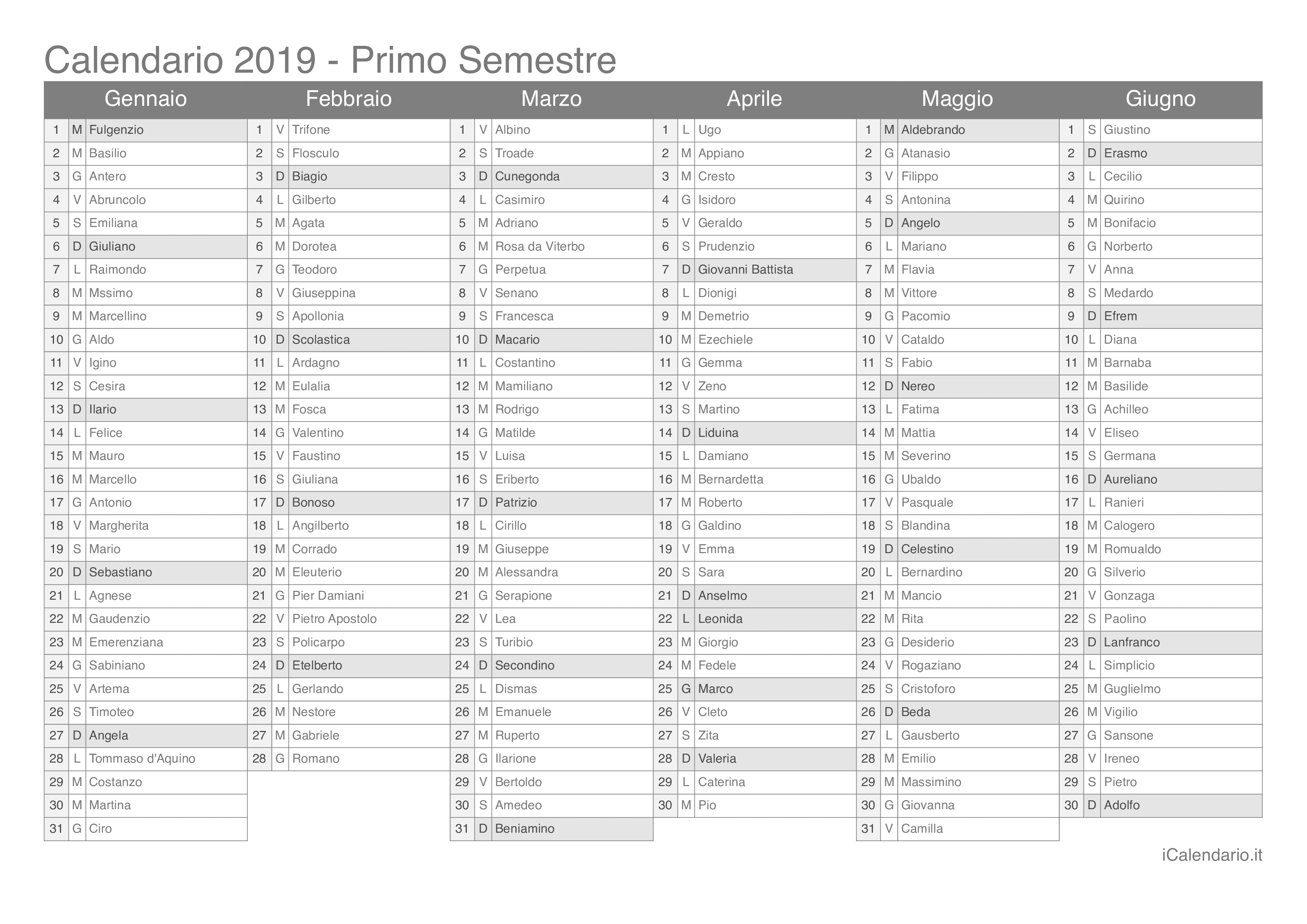 Calendario semestrale 2019 con santi e festivi