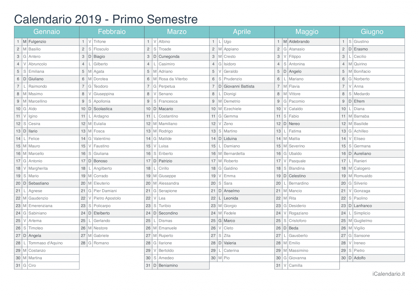 Calendario semestrale 2019 con santi e festivi - Turchese