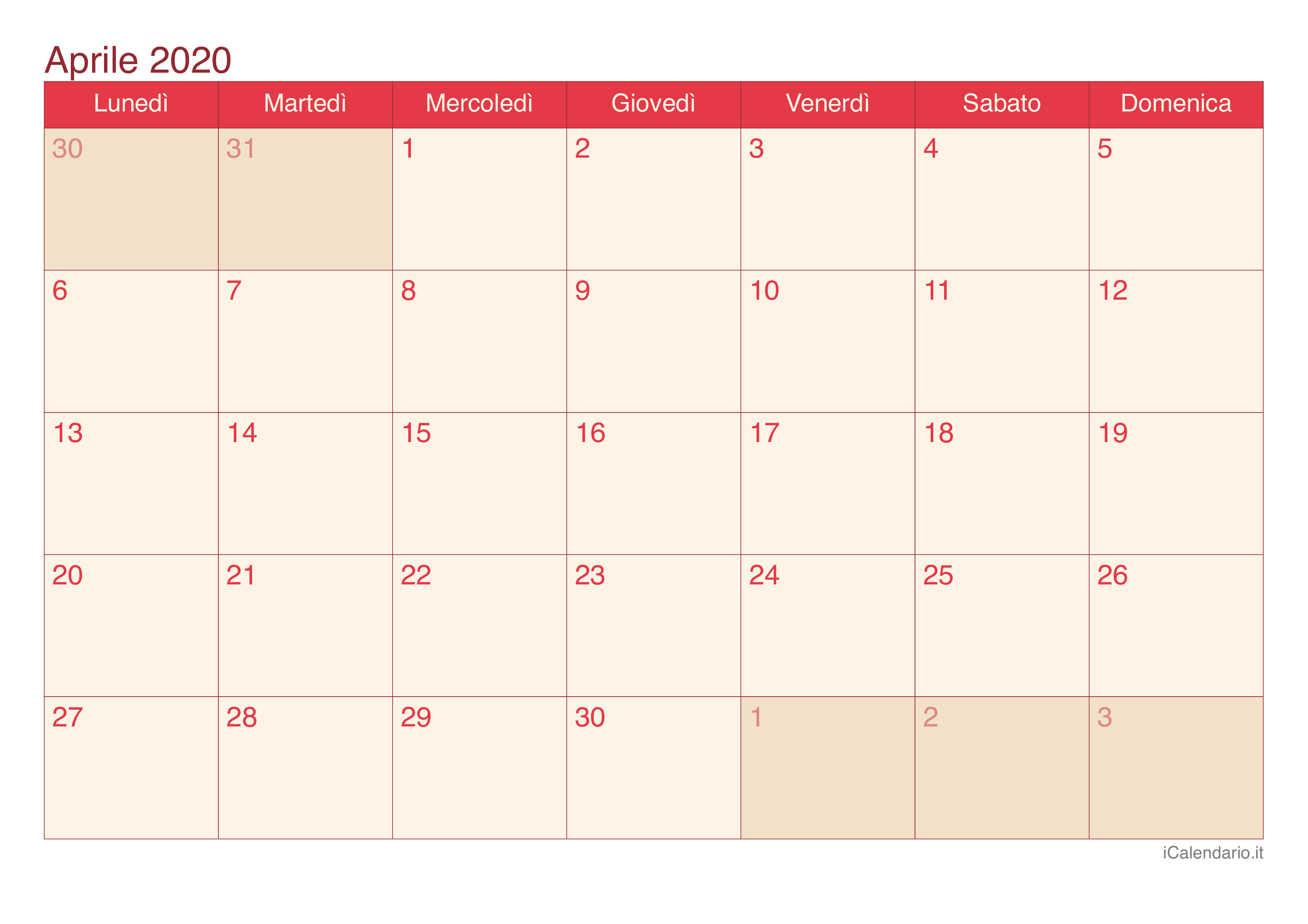Calendario di aprile 2020 - Cherry