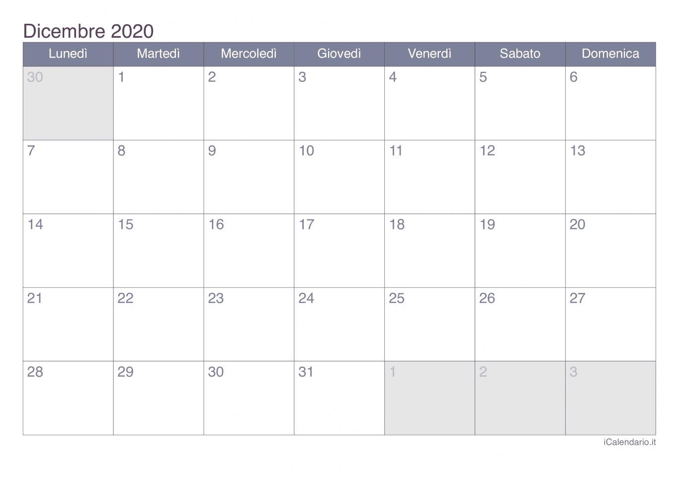 Calendario di dicembre 2020 - Office