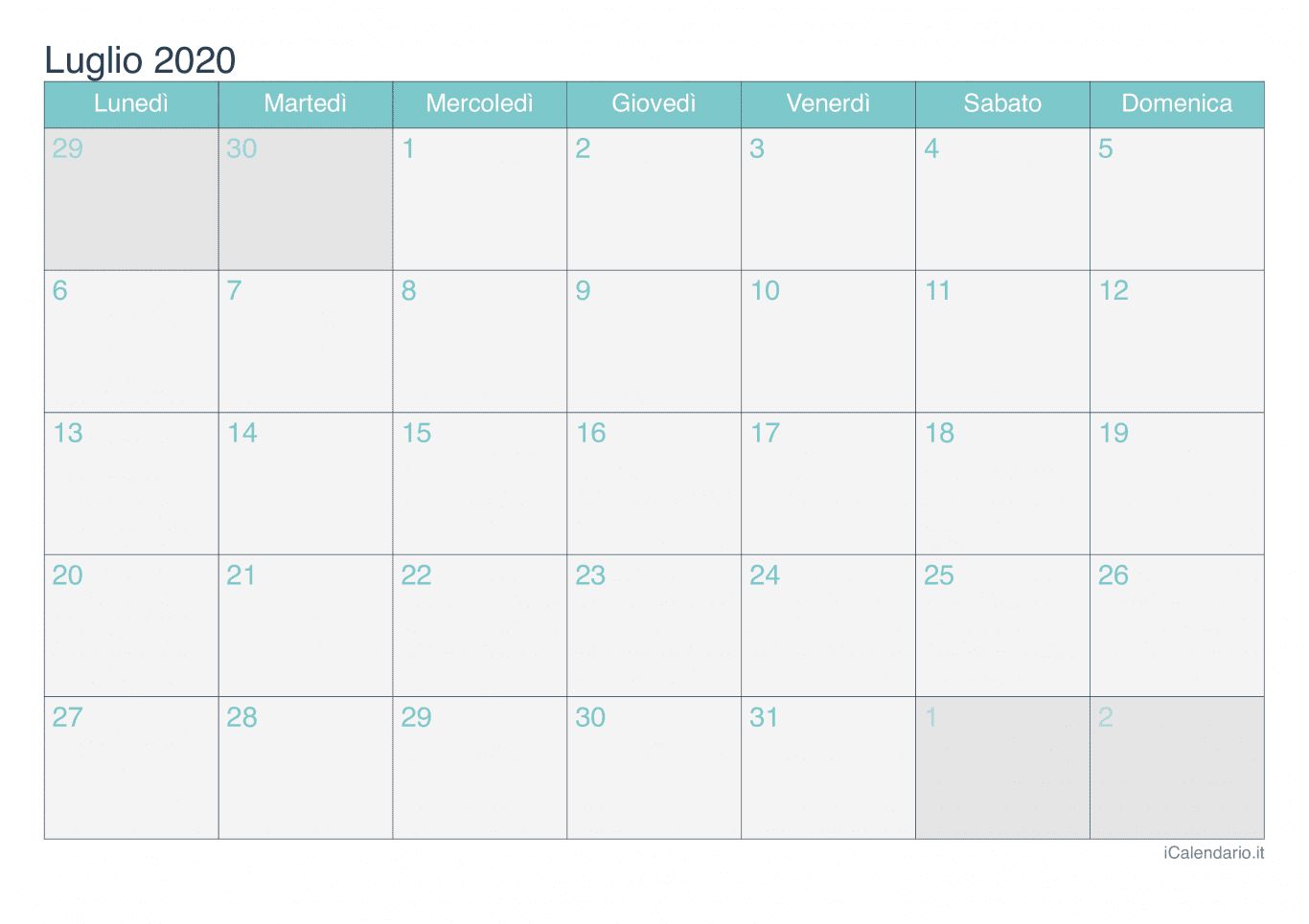 Calendario di luglio 2020 - Turchese