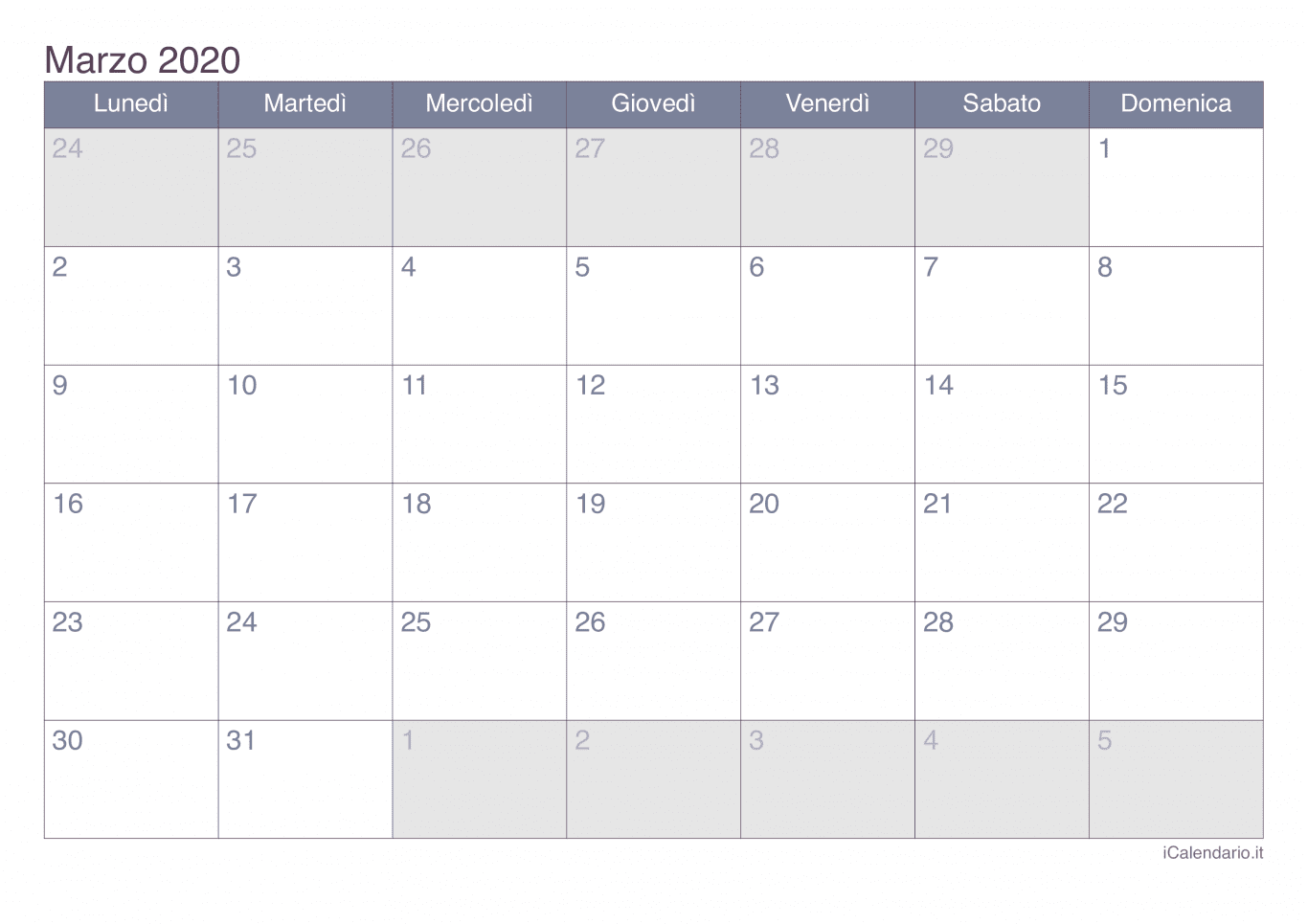 Calendario di marzo 2020 - Office