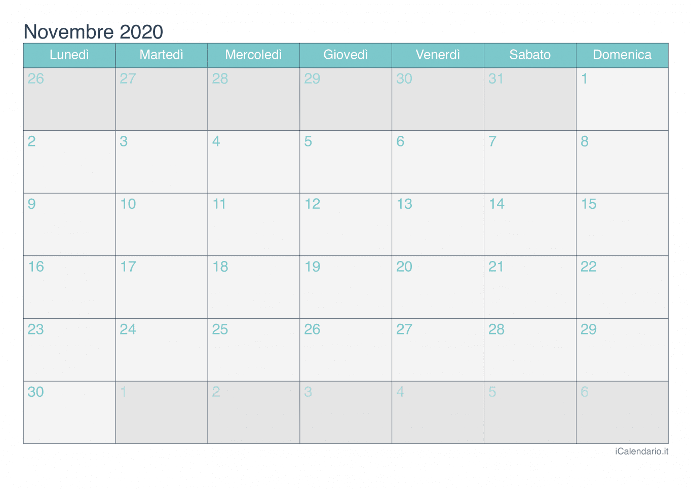 Calendario di novembre 2020 - Turchese