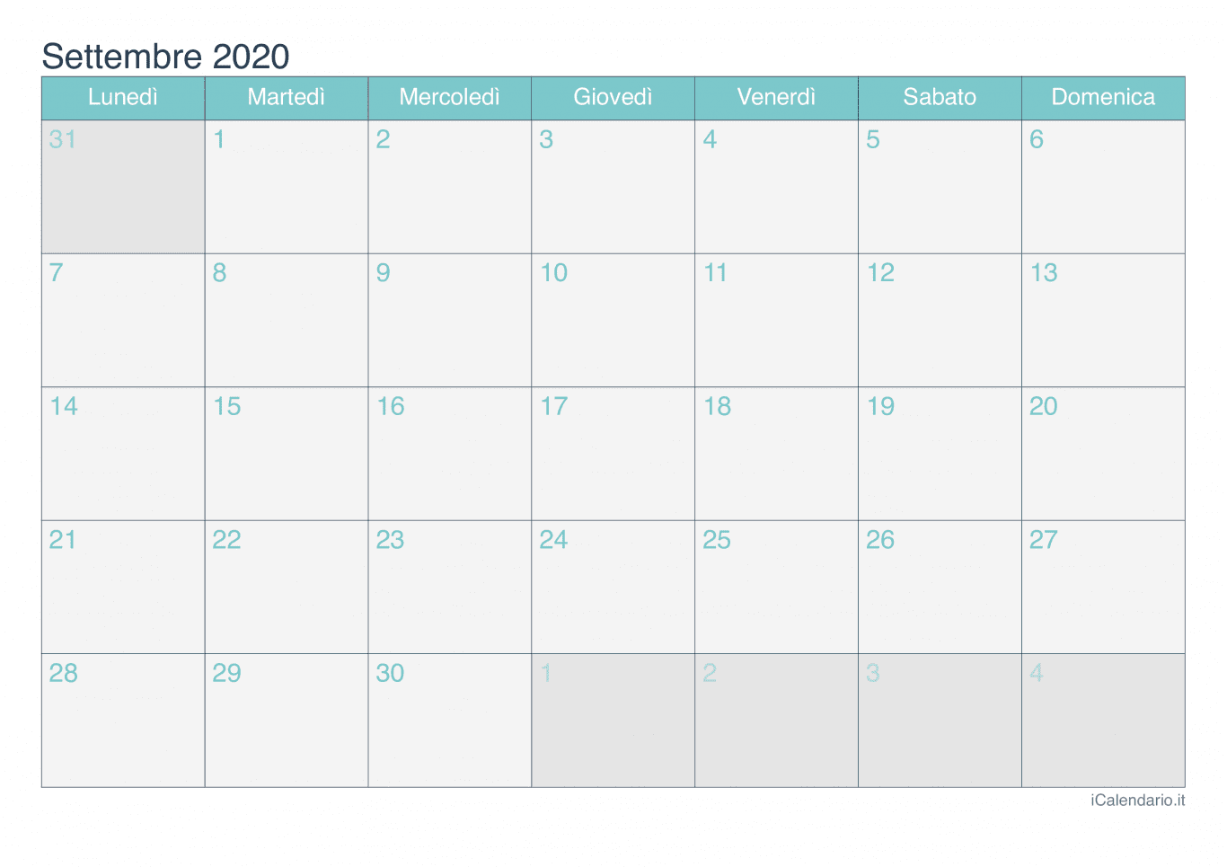Calendario di settembre 2020 - Turchese