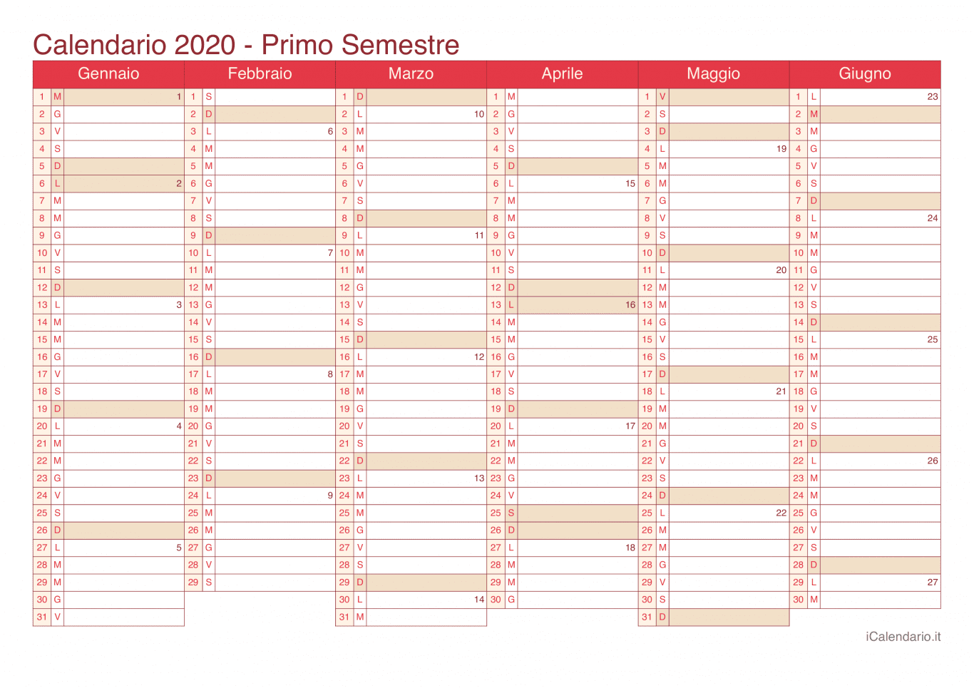 Calendario semestrale con numeri delle settimane 2020 - Cherry