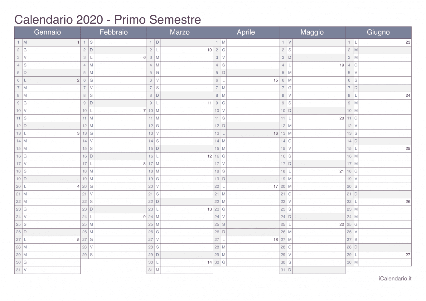 Calendario semestrale con numeri delle settimane 2020 - Office