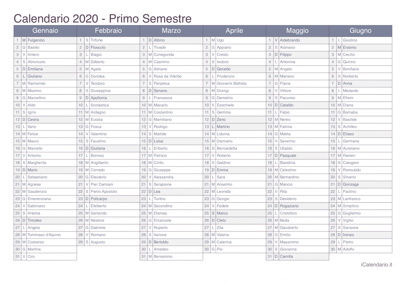 Calendario semestrale 2020 con santi e festivi - Office