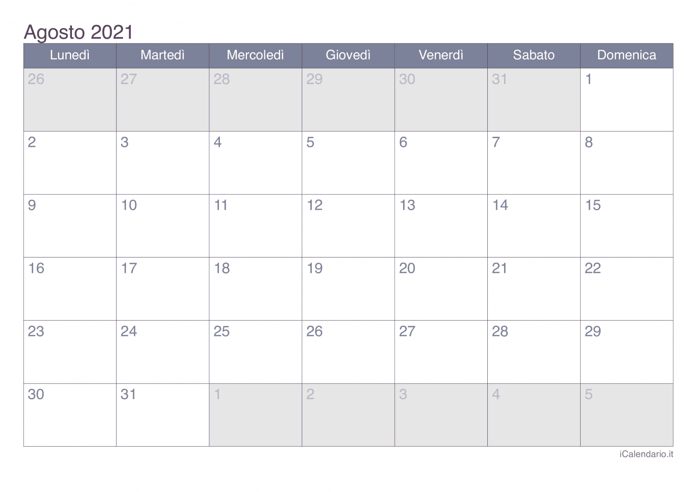 Calendario di agosto 2021 - Office