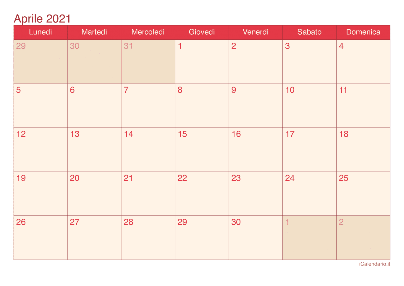 Calendario di aprile 2021 - Cherry