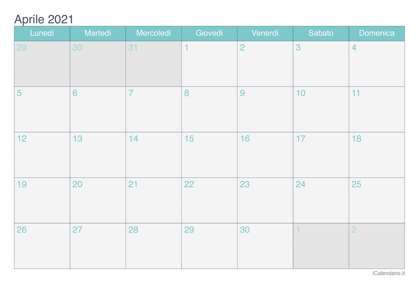 Calendario di aprile 2021 - Turchese