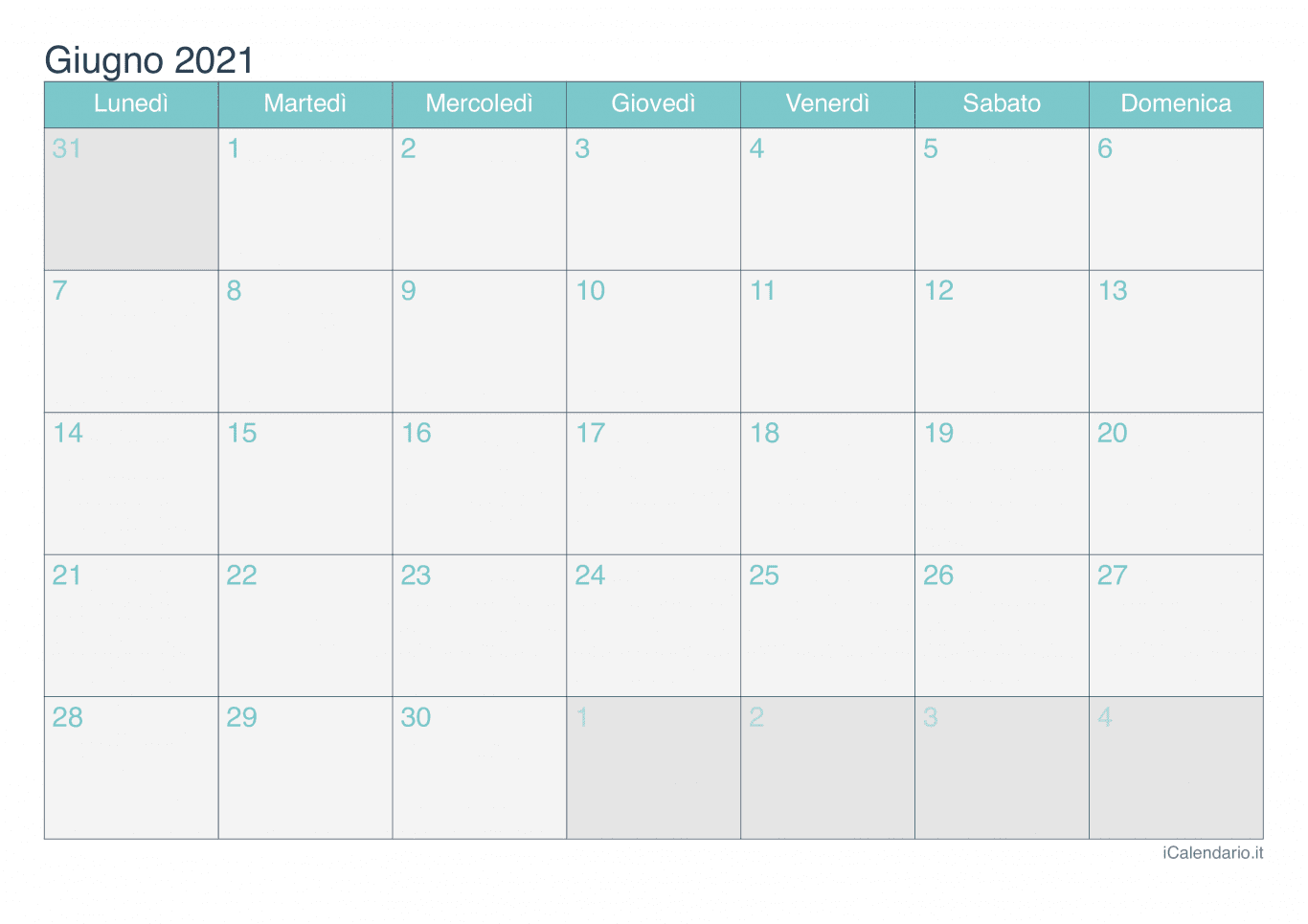 Calendario di giugno 2021 - Turchese