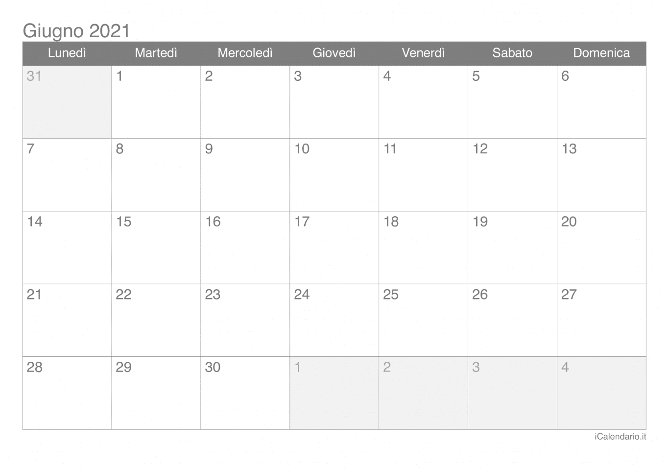 Calendario di giugno 2021