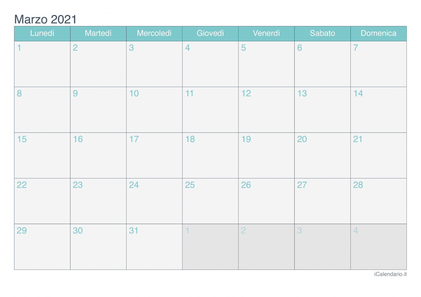 Calendario di marzo 2021 - Turchese