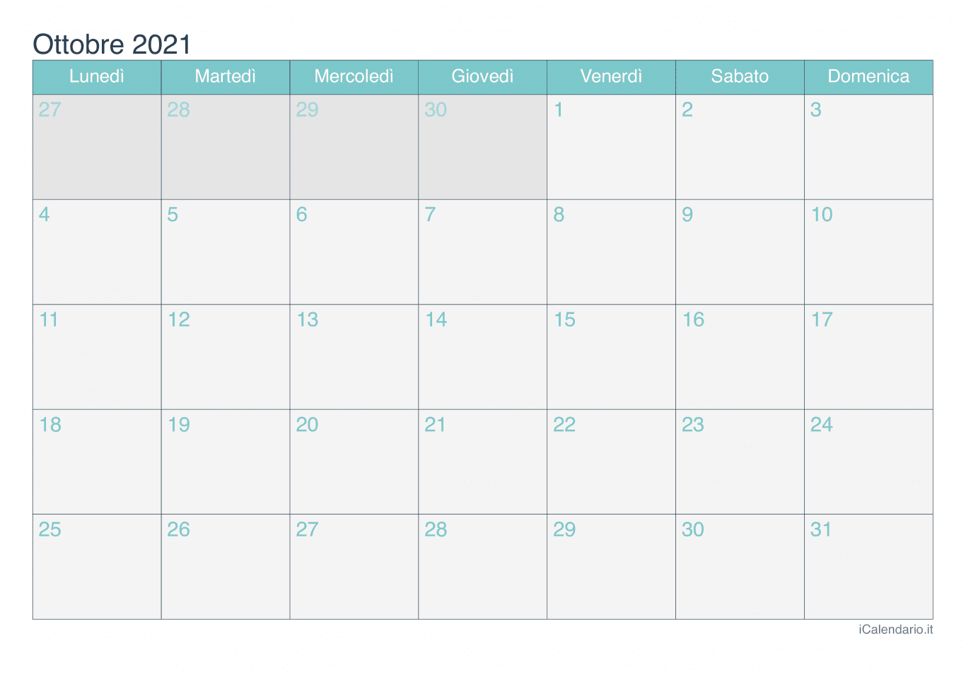 Calendario di ottobre 2021 - Turchese