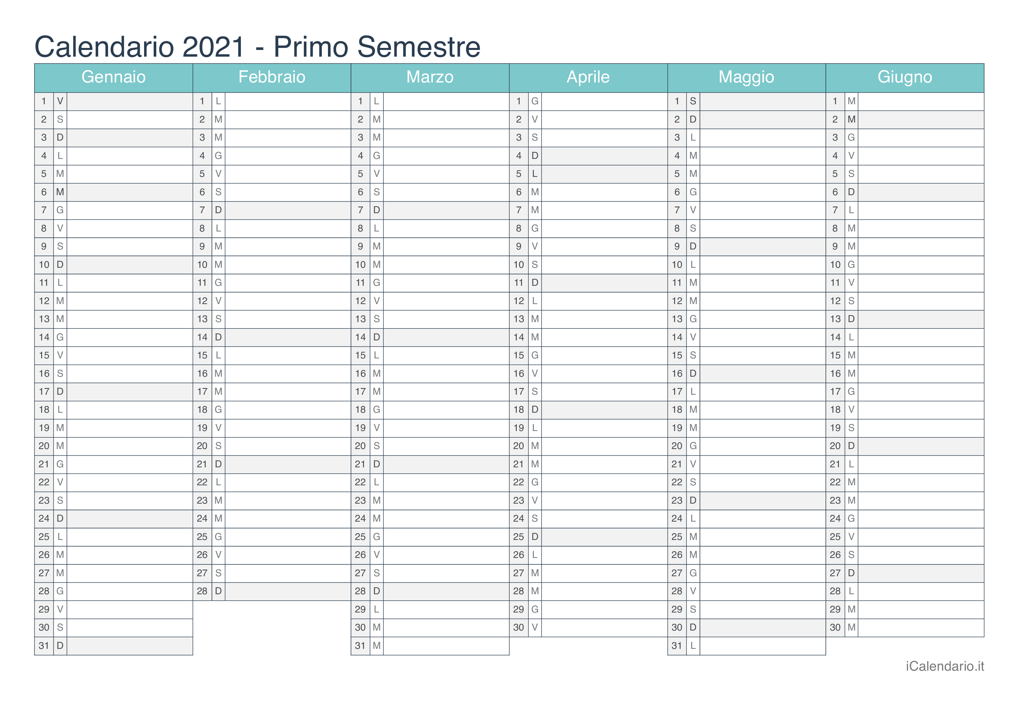 Calendario semestrale 2021 - Turchese