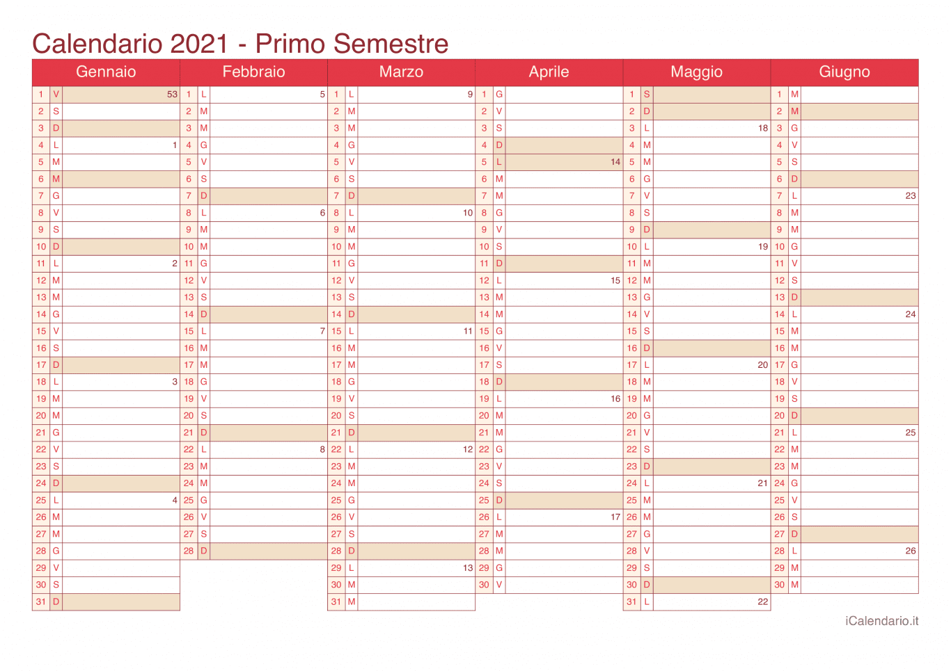 Calendario semestrale con numeri delle settimane 2021 - Cherry