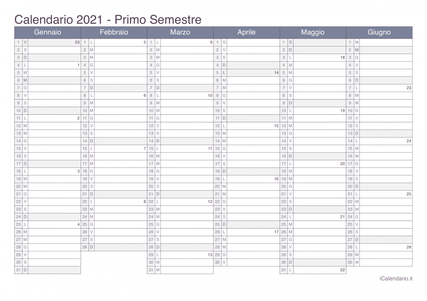 Calendario semestrale con numeri delle settimane 2021 - Office