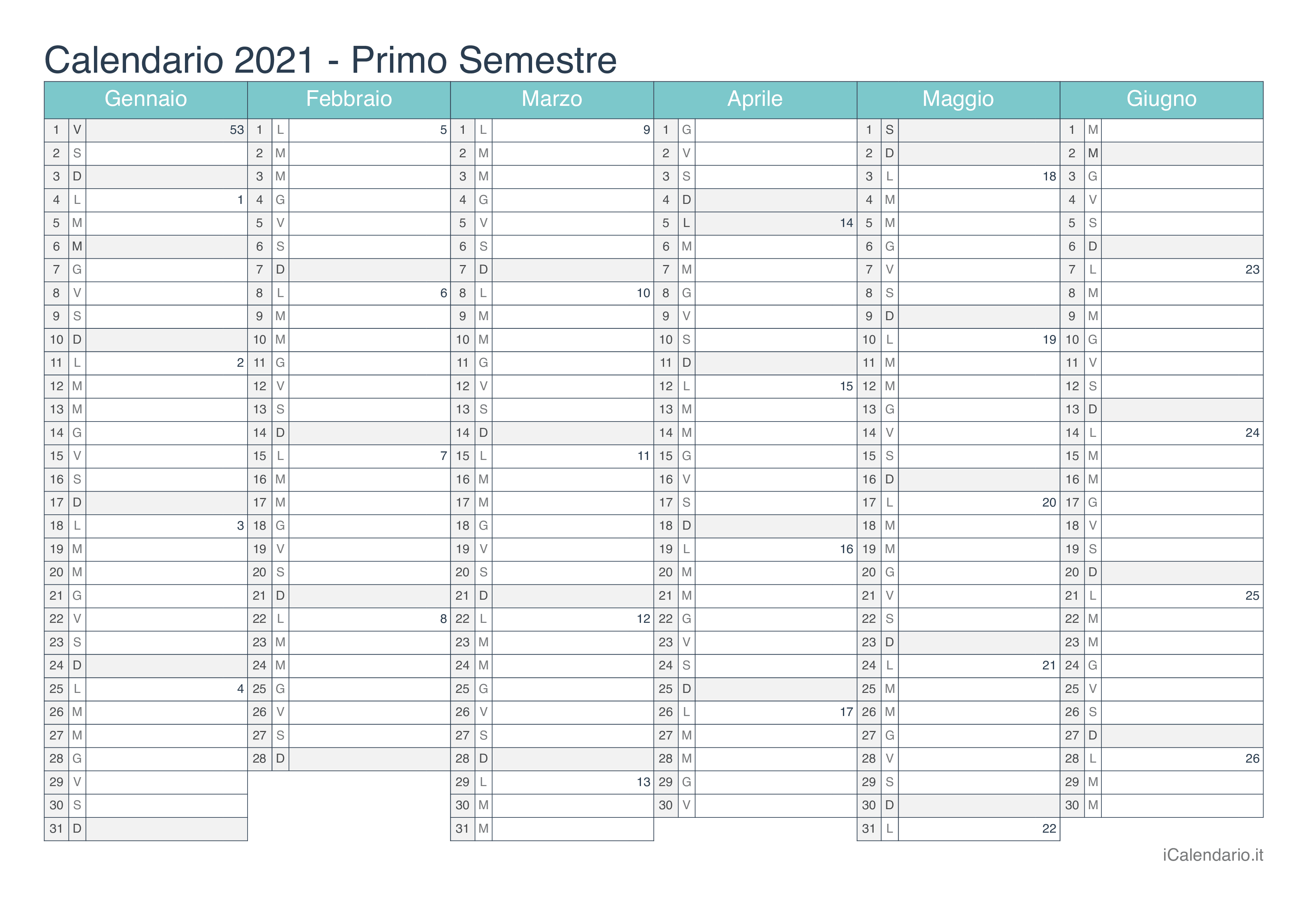 Calendario semestrale con numeri delle settimane 2021 - Turchese