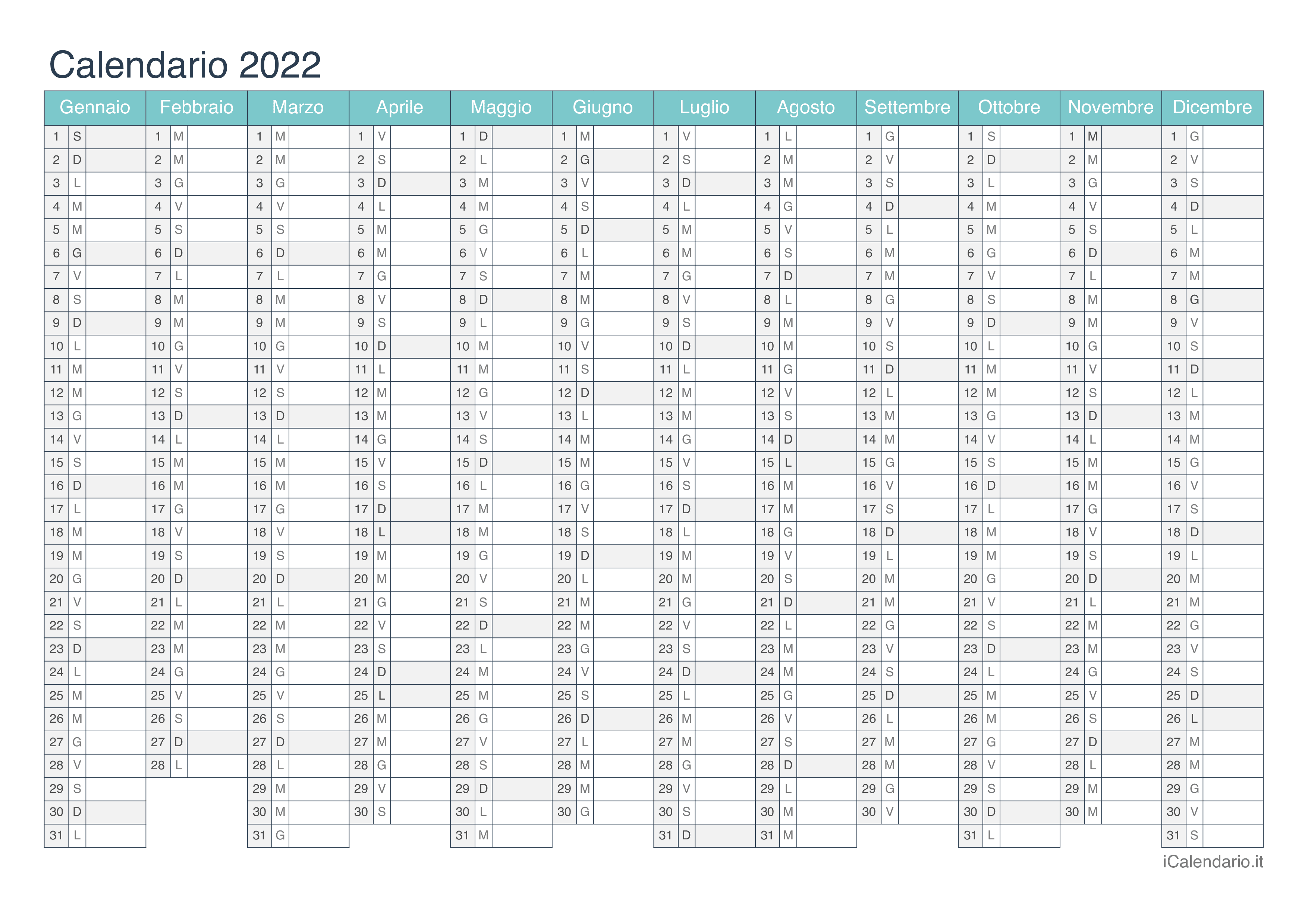 Calendario 2022 - Turchese