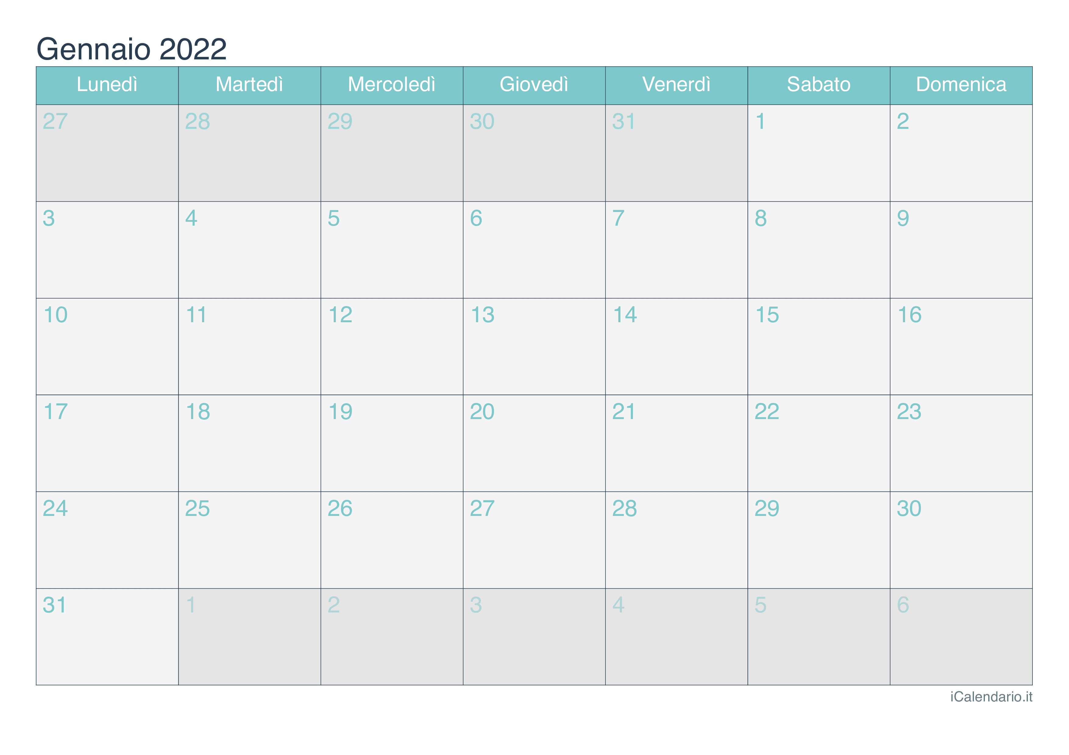 Calendario mensile 2022 - Turchese